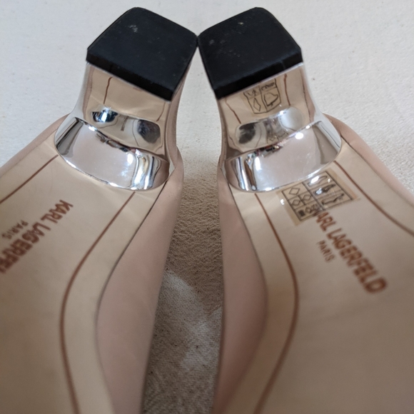 Karl Lagerfeld Sz 6.5 Pump Tan Black Colorblok Cut Out Mirror Chunky Block Heel - Picture 7 of 16